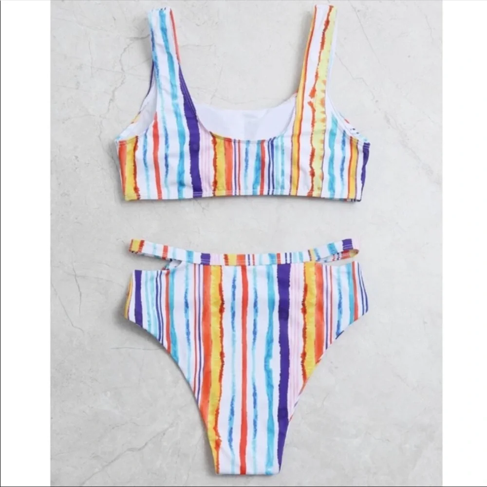 Cute Multicolored Cut Out High Waisted Bikinis Set - Picture 6 of 7
